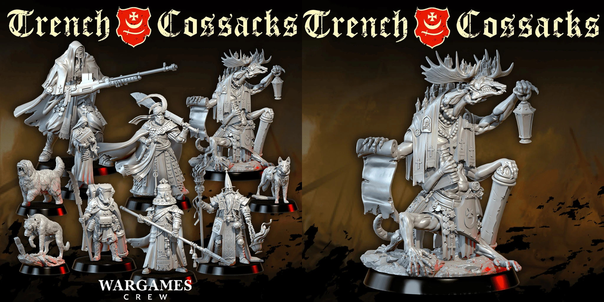 A collection of intricately designed miniatures from the Trench Cossacks faction is displayed, showcasing a variety of characters and creatures. The figures include heavily armored warriors, priests, and skirmishers, all featuring distinct Eastern Slavic aesthetics, with flowing robes and ornate details. Among them is a dog companion and a character wielding a large weapon, all presented on circular bases against a dark background.