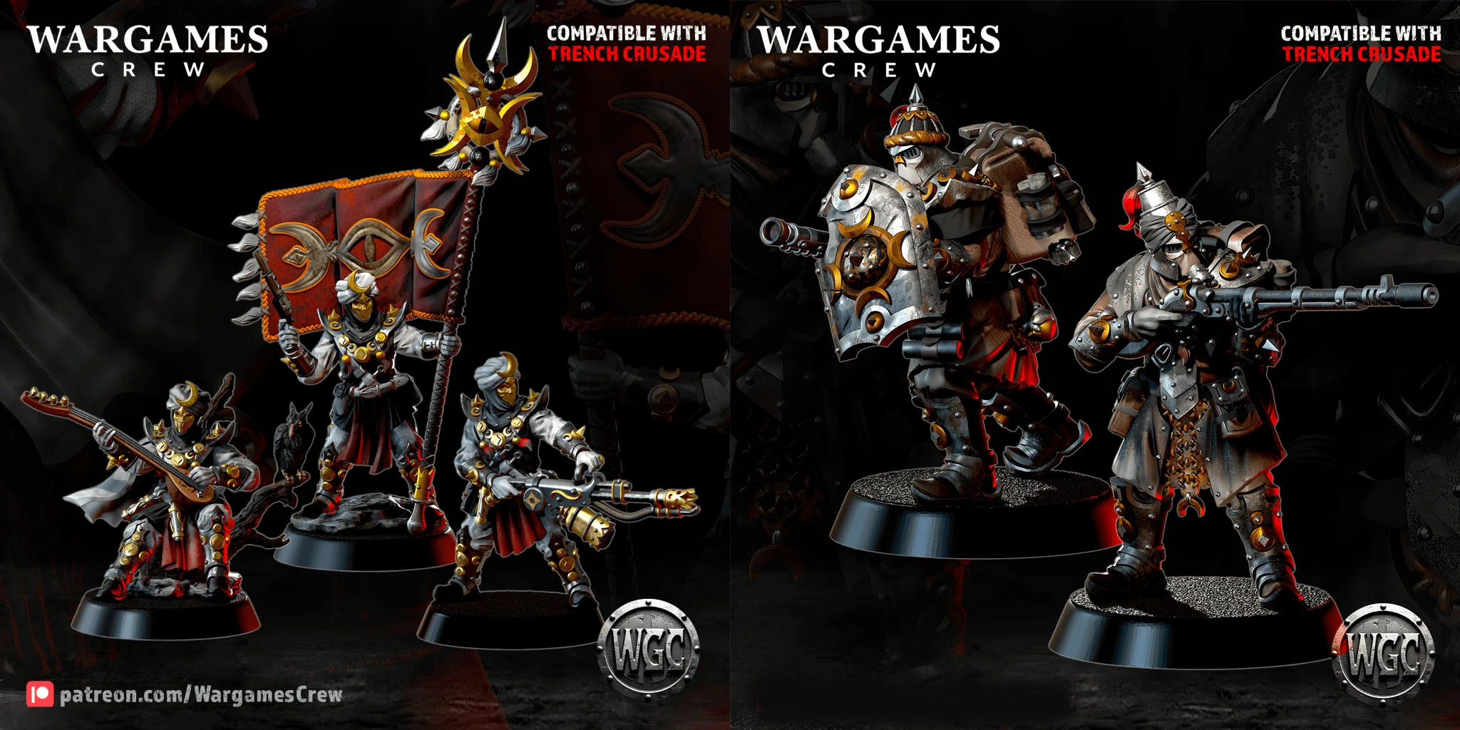 A collection of miniatures from Wargames Crew showcases two distinct figures on a dark background. On the left, a cloaked character holds a firearm, adorned with gold accents and a flowing red cape, while on the right, two heavily armored warriors stand side by side, one wielding a large shield and the other a weapon, both featuring intricate metallic details and vibrant red highlights. The text "COMPATIBLE WITH TRENCH CRUSADE" is prominently displayed in red above the left figure, and the Wargames Crew logo is visible at the bottom center.