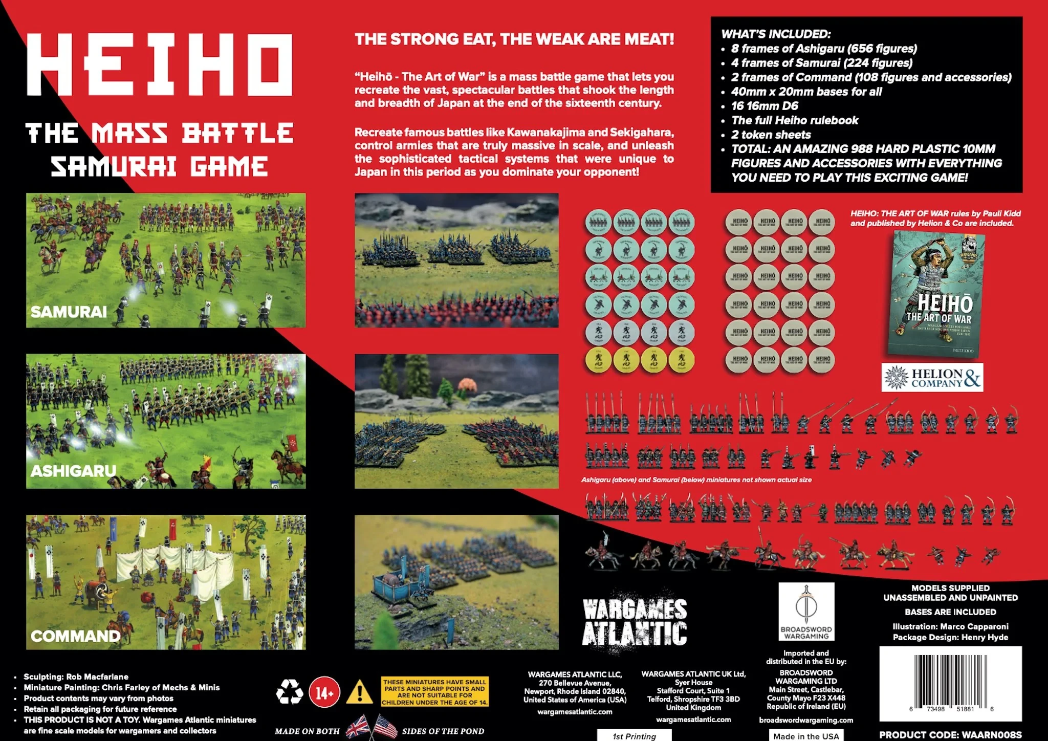 A vibrant promotional image for "Heiho: The Art of War" features a detailed layout of miniatures representing Ashigaru, Samurai, and Command units, arranged in a battlefield setting. The top section showcases rows of Ashigaru in formation, while the middle displays Samurai, and the bottom features Command units with tents and banners. Accompanying the miniatures are various tokens and dice, along with text highlighting the game's features and components, all set against a bold red background.