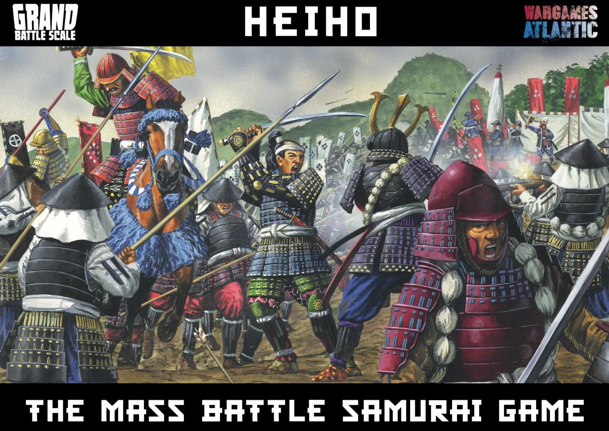 A dynamic illustration showcases a chaotic battle scene from Sengoku-era Japan, featuring armored samurai and ashigaru warriors engaged in combat. Prominent figures include a horse-mounted samurai wielding a spear, flanked by foot soldiers in traditional armor, all set against a backdrop of waving banners and a hilly landscape. The title "HEIHO" is displayed at the top, with "MASS BATTLE SAMURAI GAME" prominently featured at the bottom.