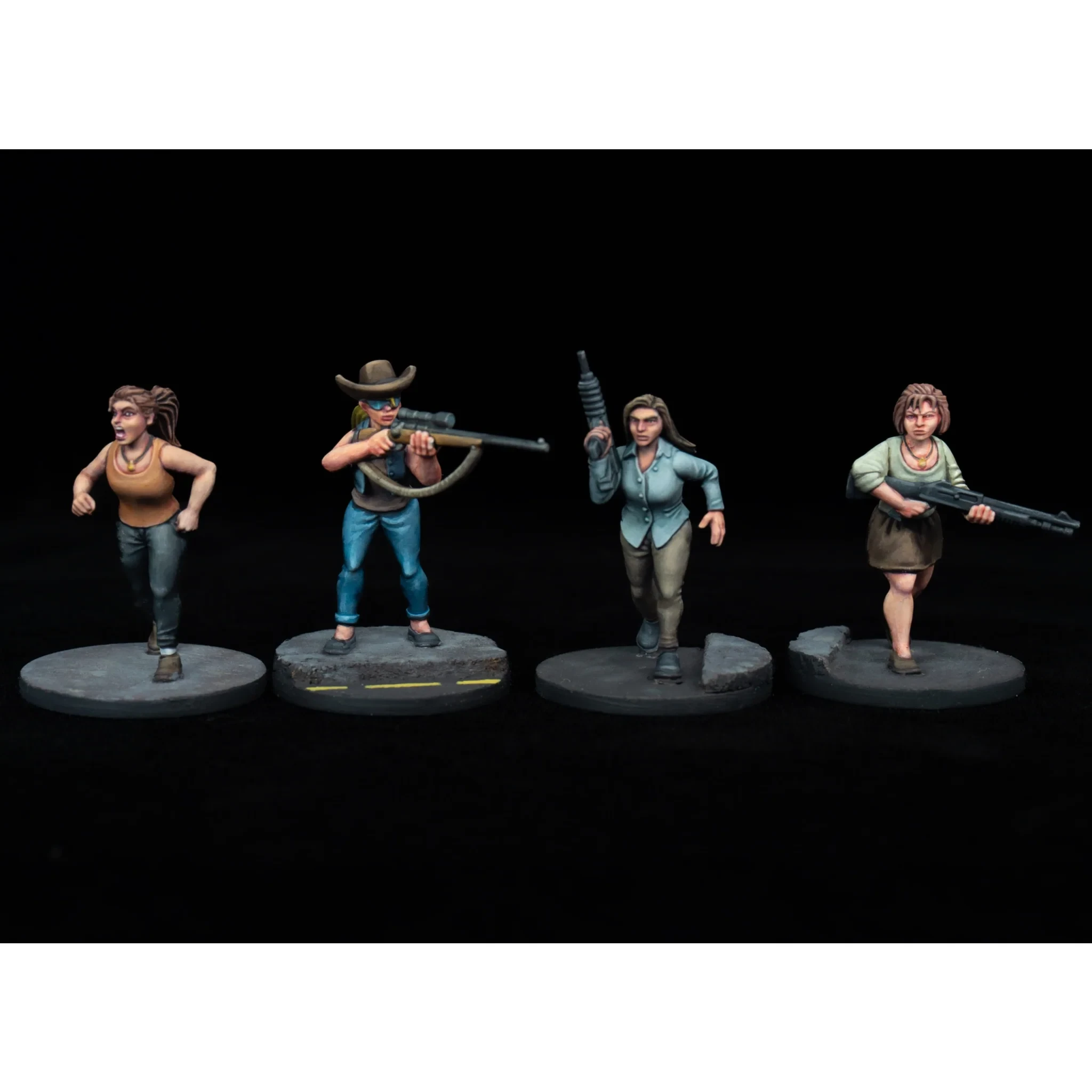 Four detailed miniatures are displayed, each representing unique characters from the Civilians & Survivors range. From left to right, a woman in a tank top and jeans appears to be running, while the second figure, a cowboy hat-wearing character, holds a crossbow. The third figure, dressed in a blue shirt and beige pants, stands confidently with a rifle, and the last character, in a green dress, is poised with a shotgun. Each figure is mounted on a circular base, set against a dark background, highlighting their dynamic poses and expressions.