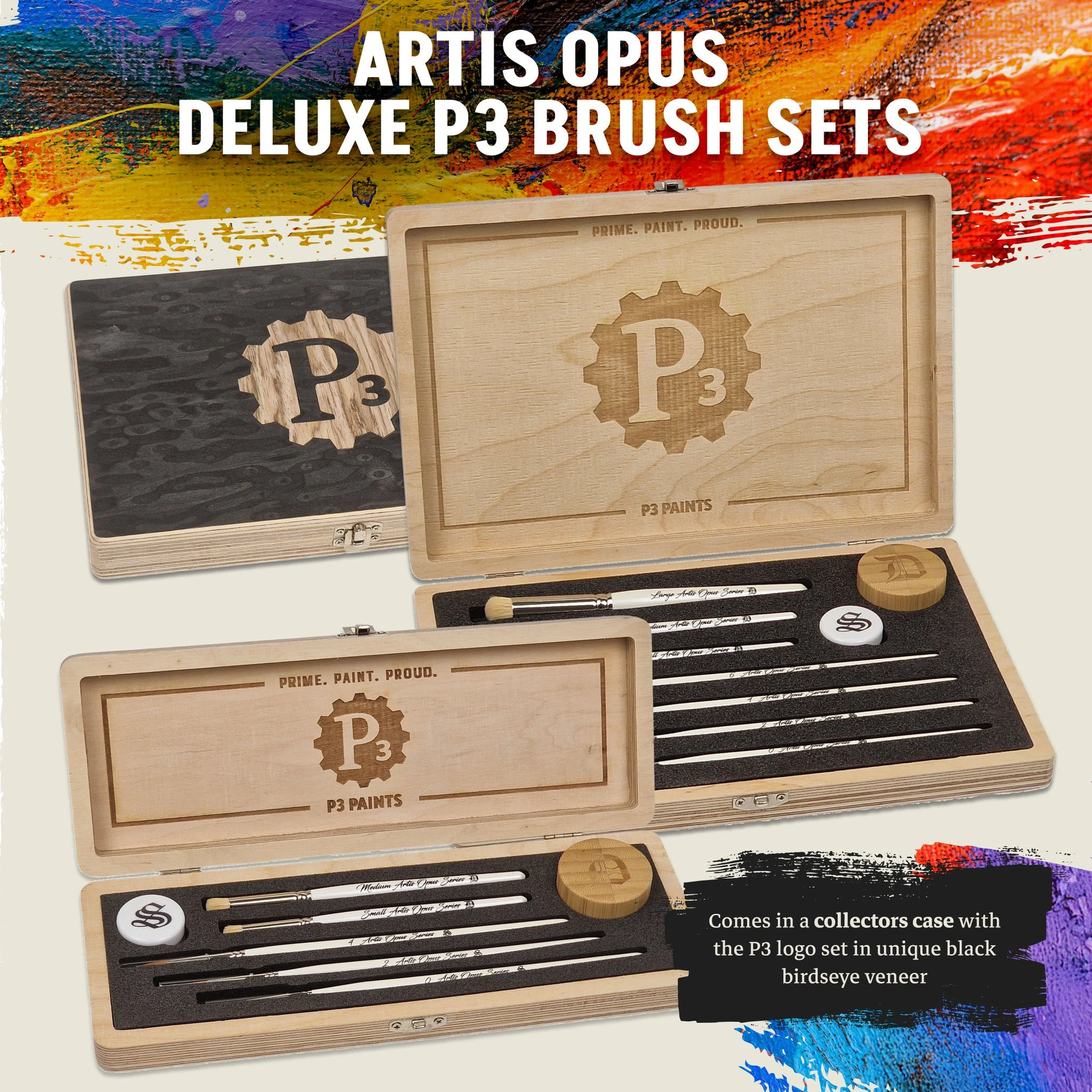 A collection of Artis Opus Deluxe P3 Brush Sets displayed in a stylish wooden case featuring the P3 logo, set against a vibrant, multicolored background. The case is crafted from light wood with a black birdseye veneer, showcasing various brushes arranged neatly inside, along with a palette and a mixing guide. The text "ARTIS OPUS DELUXE P3 BRUSH SETS" is prominently featured at the top, emphasizing the quality and design of the brush sets.