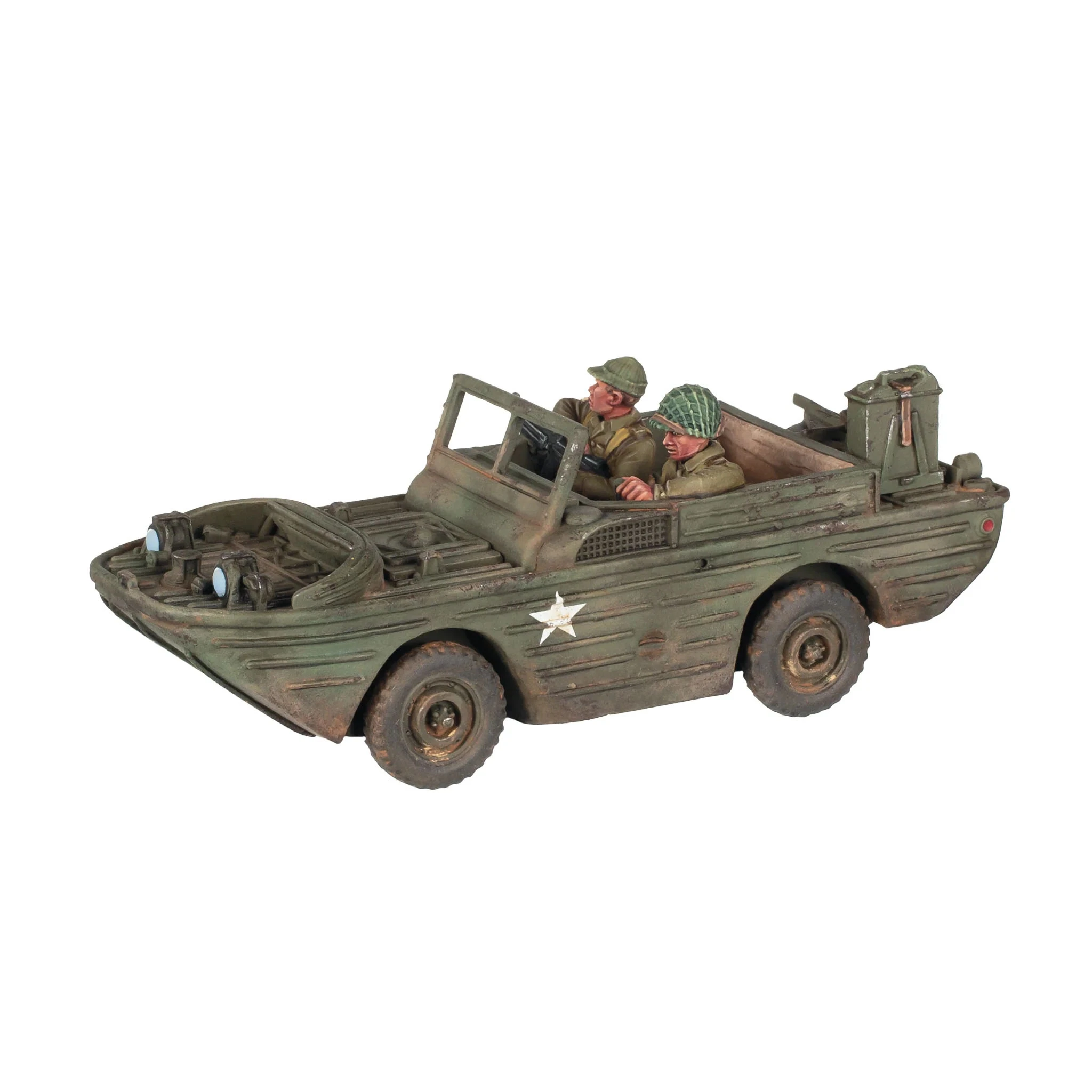 A Ford GPA amphibious jeep in a weathered green finish, featuring two seated figures in military attire, one wearing a helmet and the other a cap. The jeep has a star insignia on the side and includes details like headlights and a storage box at the rear. The overall appearance reflects a realistic, battle-worn aesthetic suitable for WWII tabletop gaming.