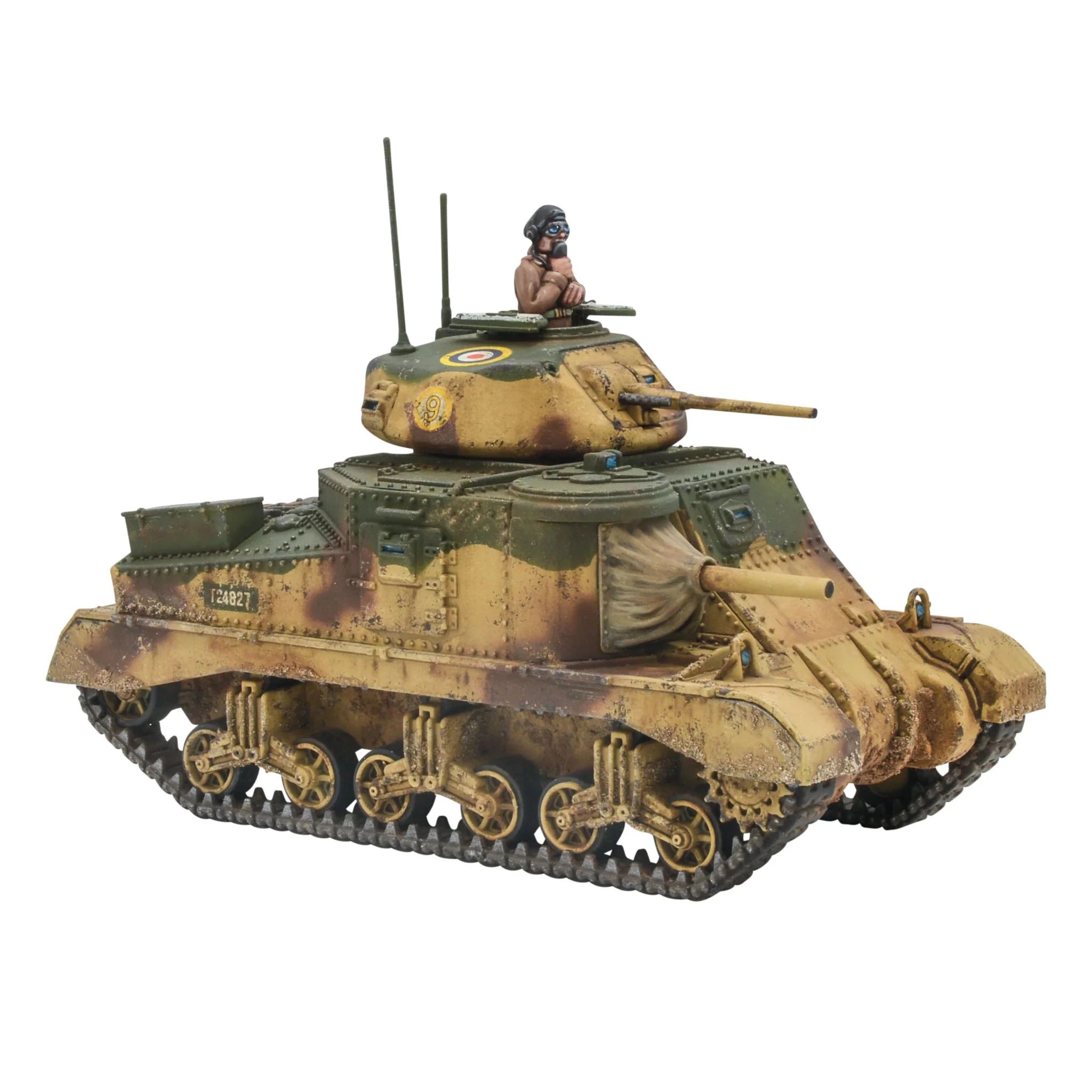 A detailed model of the M3 Grant medium tank, featuring a camouflage paint scheme with shades of green and brown. The tank has a prominent turret with a circular insignia and a figure of a soldier wearing a helmet, positioned on top. The model showcases intricate details, including the tracks and various components, emphasizing its design as a WWII U.S. vehicle.