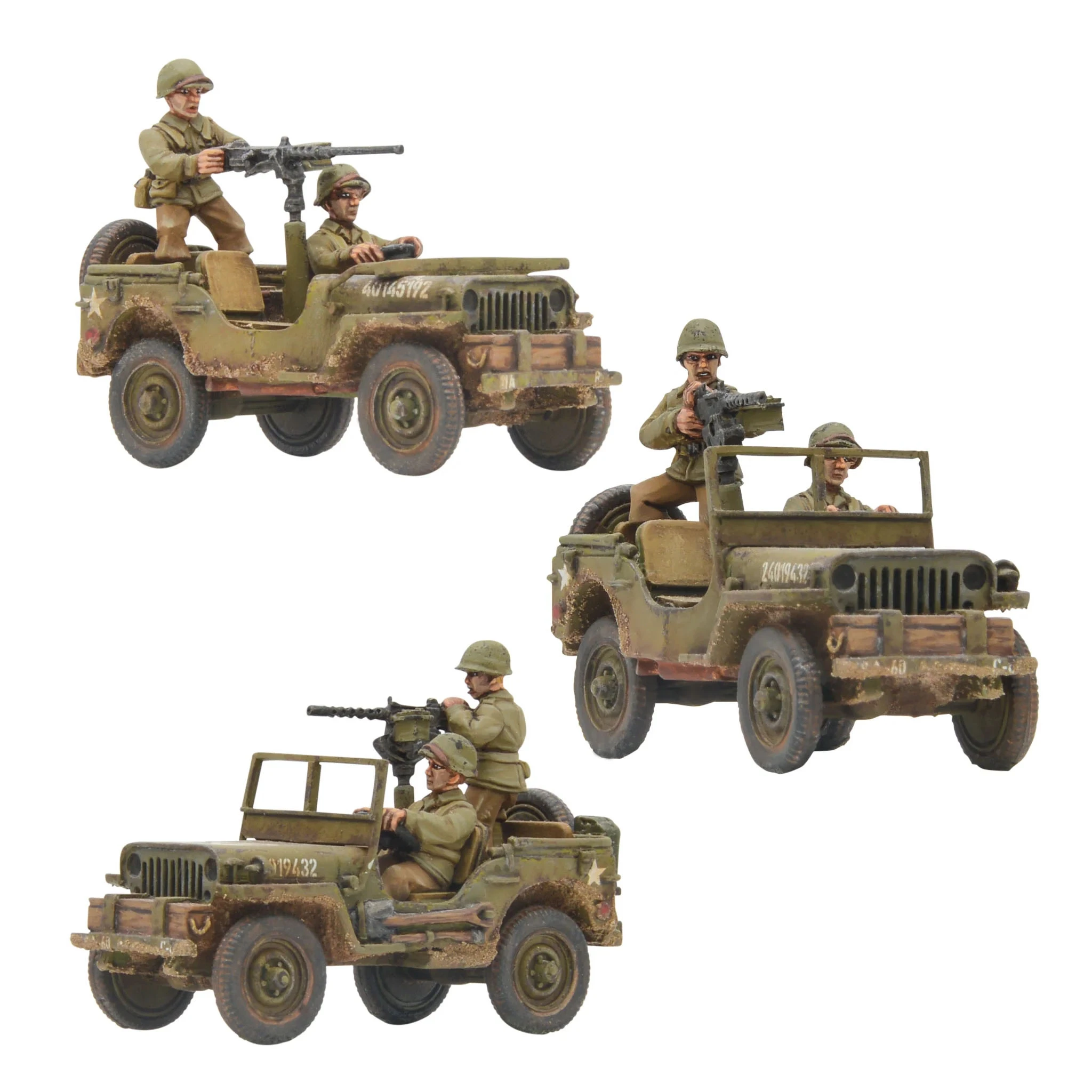 Three WWII U.S. jeeps are displayed, each featuring detailed paintwork that reflects a weathered, battle-worn appearance. The top jeep has a soldier manning a mounted machine gun, while the middle jeep shows two soldiers, one with a rifle and the other driving. The bottom jeep is also crewed by two soldiers, with one operating a machine gun, showcasing the vehicles' versatility and the intricacies of the miniatures.