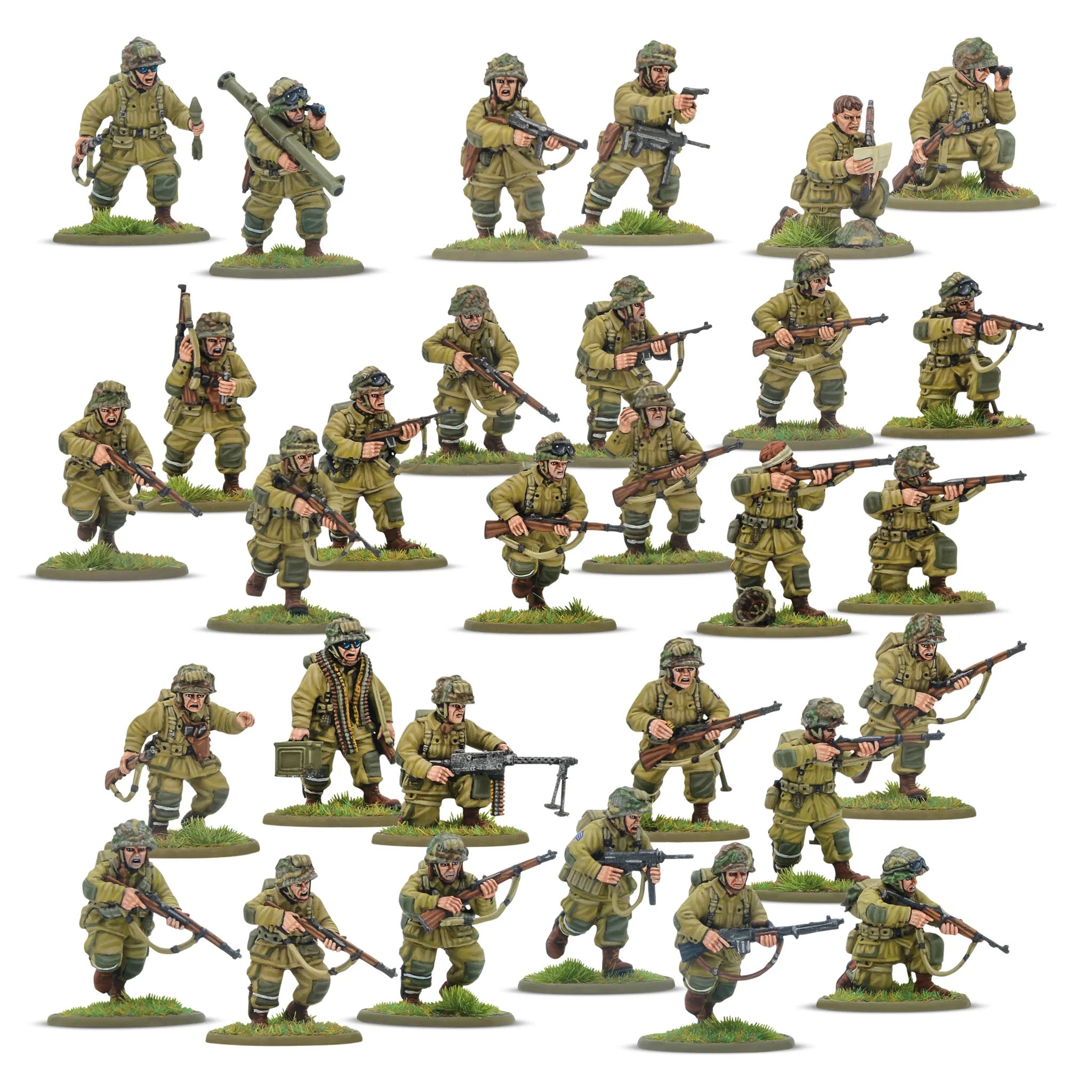 A collection of multi-part plastic miniatures representing US Airborne soldiers in early war, reinforced M42 jump uniforms. The figures are posed in various action stances, showcasing a range of weapons including rifles, submachine guns, and a bazooka, along with additional gear like magazine pouches and a signal lamp. The miniatures are set on grassy bases, highlighting their detailed sculpting and variety within the thirty-man platoon.