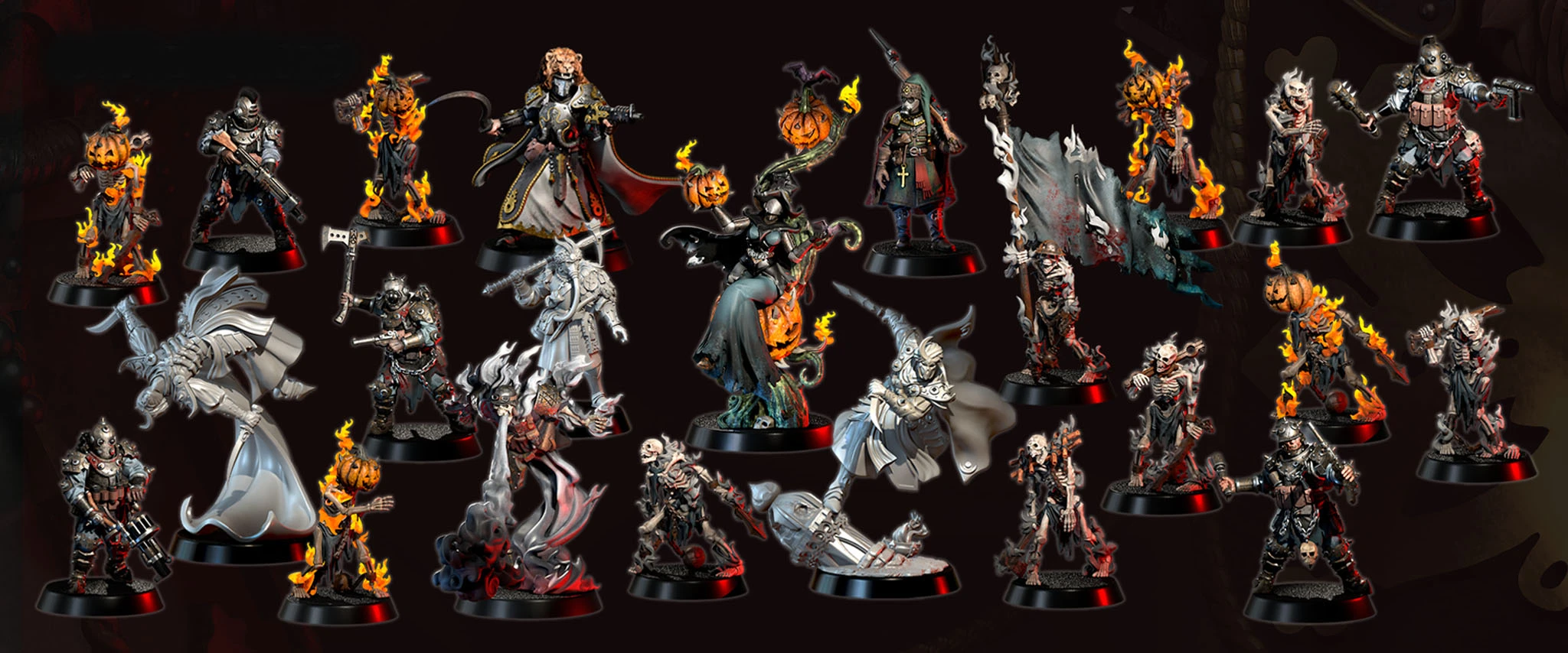 A collection of ten intricately designed miniatures from the Weird War I series is displayed against a dark background. The figures include a mix of undead and fantastical characters, such as a pumpkin-headed figure, a skeletal warrior, and a witch, all featuring dynamic poses and detailed sculpting. Each miniature showcases unique elements like flowing robes, weapons, and flame effects, emphasizing their dark fantasy theme, with the text "OCTOBER 2025" prominently featured at the top.