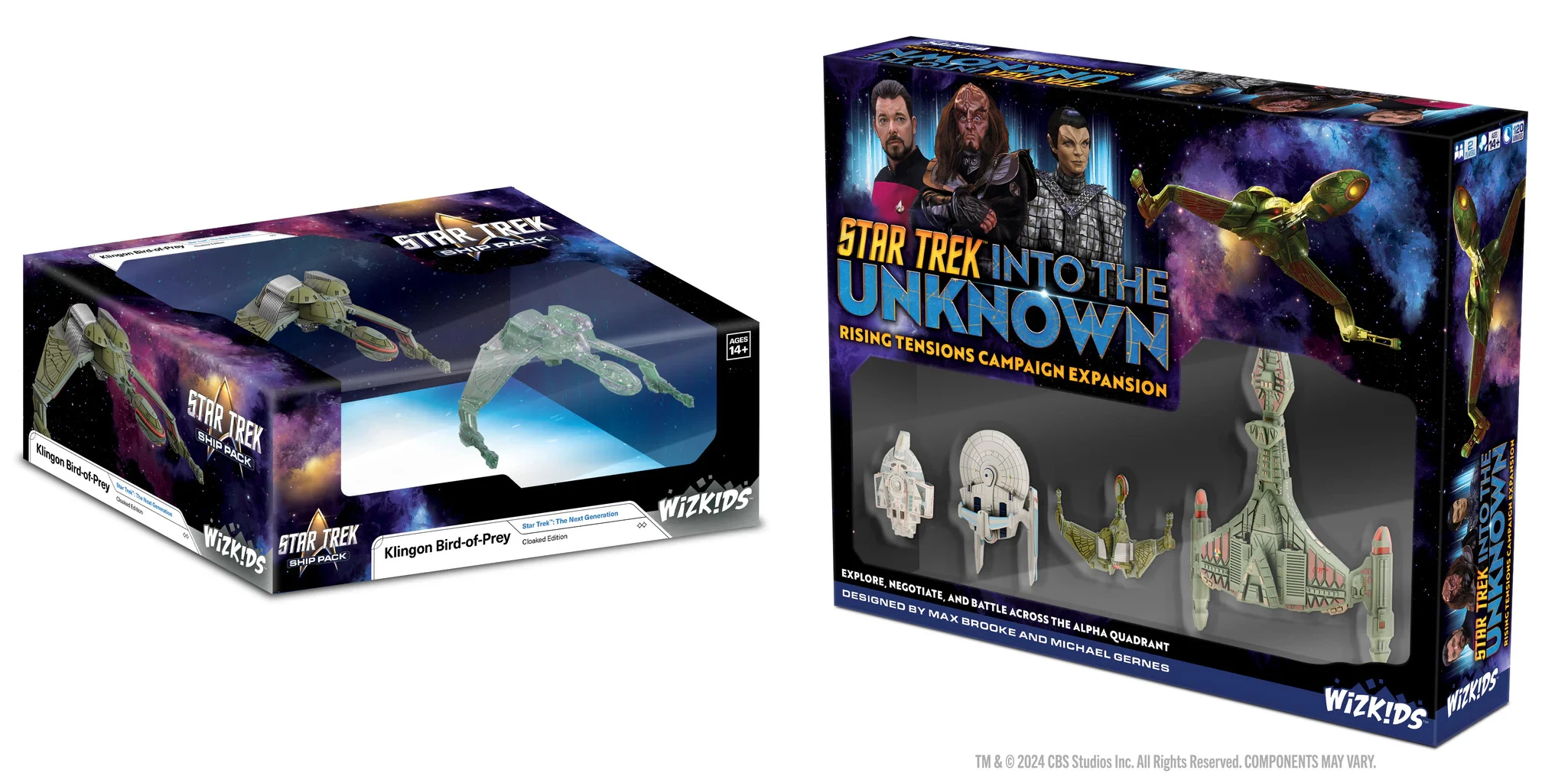 A boxed set titled "Star Trek: Into the Unknown - Rising Tensions Campaign Expansion" features a vibrant design with images of iconic characters, including Klingons and Federation officers. To the left, a separate box displays a cloaked starship model, labeled "Star Trek: The Next Generation - Cloaked Edition." The right side of the image showcases detailed miniatures of various starships, including a Klingon Bird-of-Prey and Federation vessels, emphasizing the game's focus on exploration and battle in the Alpha Quadrant.