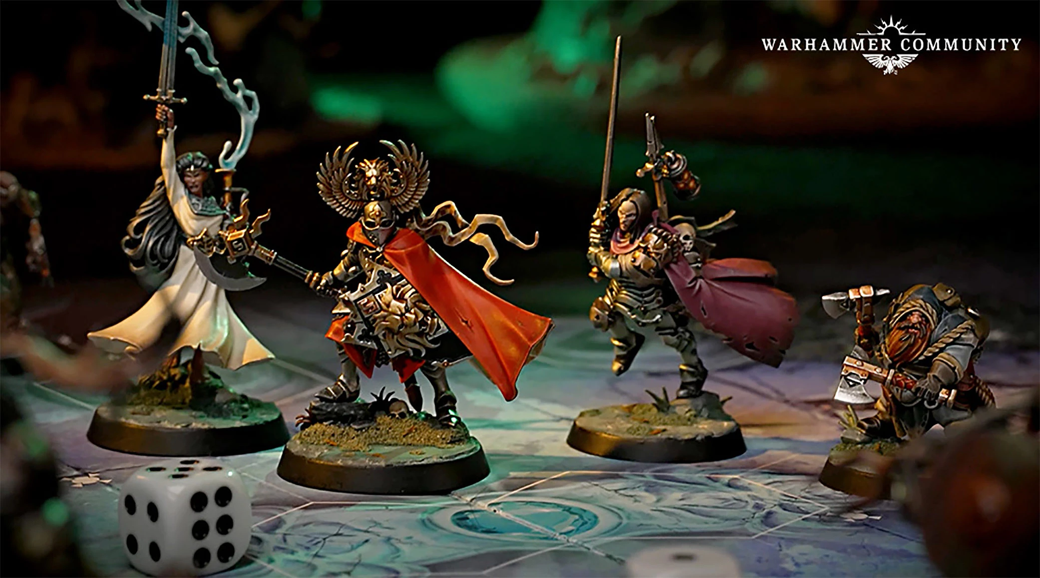 A trio of miniatures from the board game Warhammer Quest: Darkwater is displayed on a detailed game board. On the left, a character in a flowing red cloak wields a staff, while in the center, a heavily armored warrior brandishes a sword and shield, showcasing intricate details on their armor. To the right, a duardin ranger holds an axe and has a backpack filled with adventuring gear, all set against a richly colored background that enhances the fantasy theme.