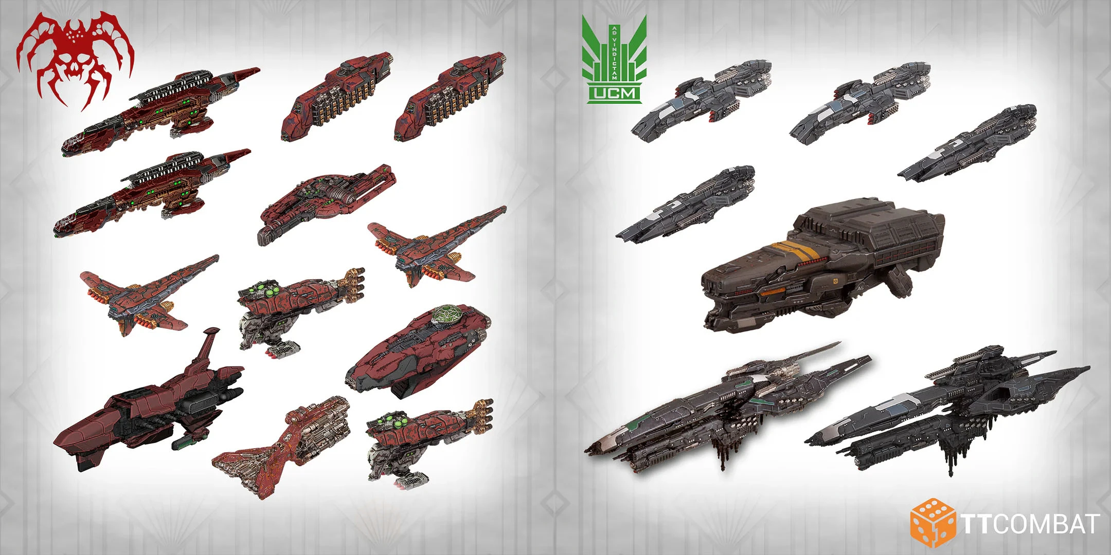 A collection of detailed spaceship miniatures from the Dropfleet Commander: the Dreadhold starter set is displayed. On the left, ships from the Penal Security Corps feature a mix of dark red and metallic colors, showcasing intricate designs and weaponry. On the right, ships from the Eightfold Syndicate exhibit a more industrial look with darker tones and varied shapes, emphasizing their unique characteristics. The UCM logo is positioned in the top right corner.