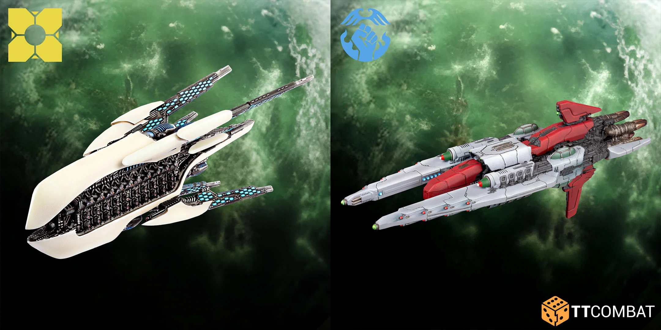 A sleek starship from the Dropfleet Commander game, featuring a predominantly white hull with intricate black and blue detailing. The ship has elongated, pointed features and multiple protruding elements, suggesting advanced technology. The background is a swirling green, evoking a sense of space or an otherworldly environment.