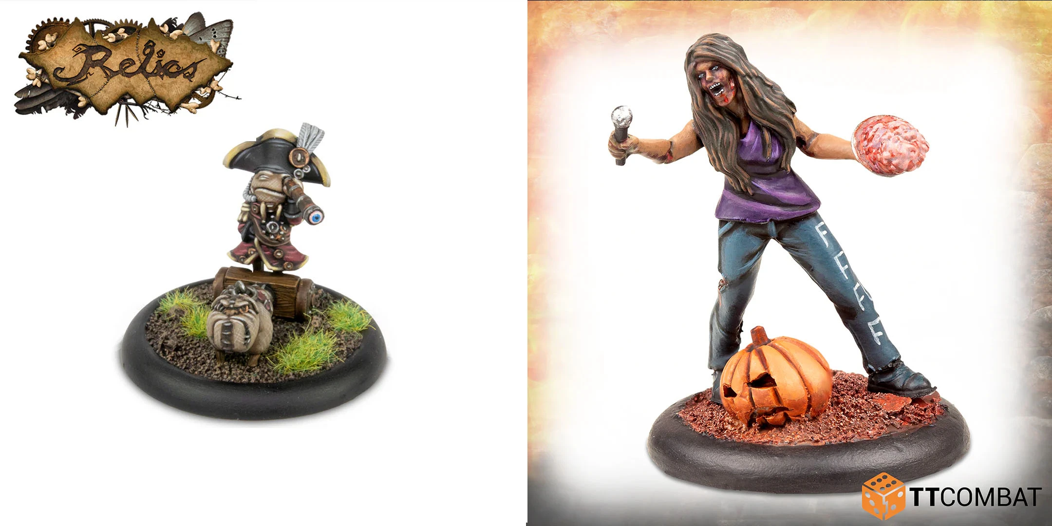 Two miniatures are displayed side by side. On the left, a character with a crow-like mask and a staff stands on a textured base adorned with green grass. On the right, a zombie-like woman in a purple top and torn jeans holds a microphone, with a carved pumpkin at her feet, set against a softly glowing background. Both figures showcase detailed sculpting and vibrant colors, highlighting their unique designs.