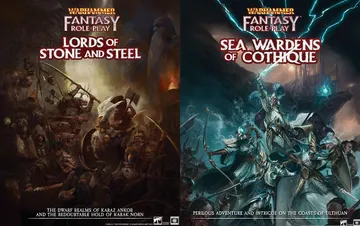 The image features two book covers for Warhammer Fantasy Roleplay. On the left, "Lords of Stone and Steel" showcases a dramatic scene with Dwarfs in battle, wielding axes and shields, set against a backdrop of a fiery forge. On the right, "Sea Wardens of Cothique" depicts a coastal scene with High Elves, one wielding a sword, amidst turbulent waves and stormy skies, emphasizing themes of adventure and intrigue. Both covers prominently display their titles and thematic elements related to their respective settings.