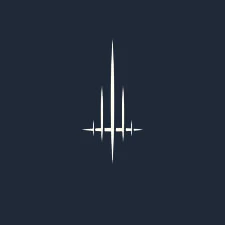 A minimalist logo featuring a stylized, symmetrical design with five vertical lines of varying heights, set against a dark background. The lines are white, creating a stark contrast with the deep color behind them. The overall effect is sleek and modern, suggesting a connection to a dynamic or action-oriented theme.