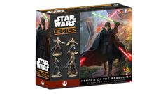 A box for the "Star Wars: Legion" tabletop game features a dynamic illustration of a character wielding a green lightsaber, dressed in dark robes, set against a vibrant background of a forested landscape with futuristic structures. The left side of the box displays several miniatures, including characters resembling a Wookiee and other Rebel figures. The title "Heroes of the Rebellion" is prominently featured at the bottom, along with various language icons.