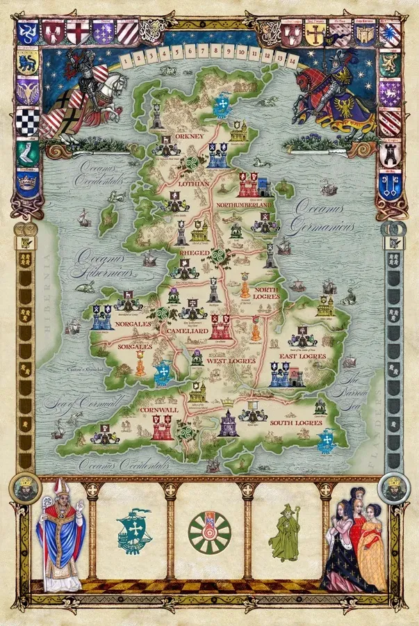 A stylized medieval map of Britain divided into regions such as Lothian, Northumberland, Rheged, North Logres, West Logres, East Logres, South Logres, Cornwall, Norgales, and Sorgales. The map features illustrated castles, shields with heraldic symbols, ships on surrounding seas labeled Oceanus Occidentalis and Oceanus Germanicus, and decorative borders with figures in medieval attire. The text "Oceanus Hibernicus" and "Sea of Cornwall" are also visible.