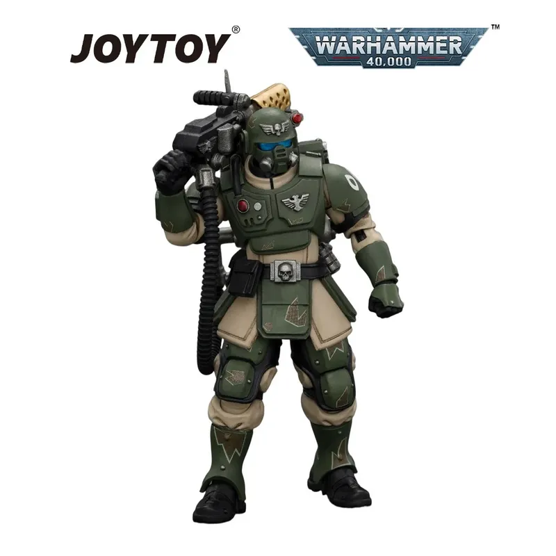 Green-armored Warhammer 40,000 action figure with helmet, gun, and hose. JOYTOY and Warhammer 40,000 logos above.