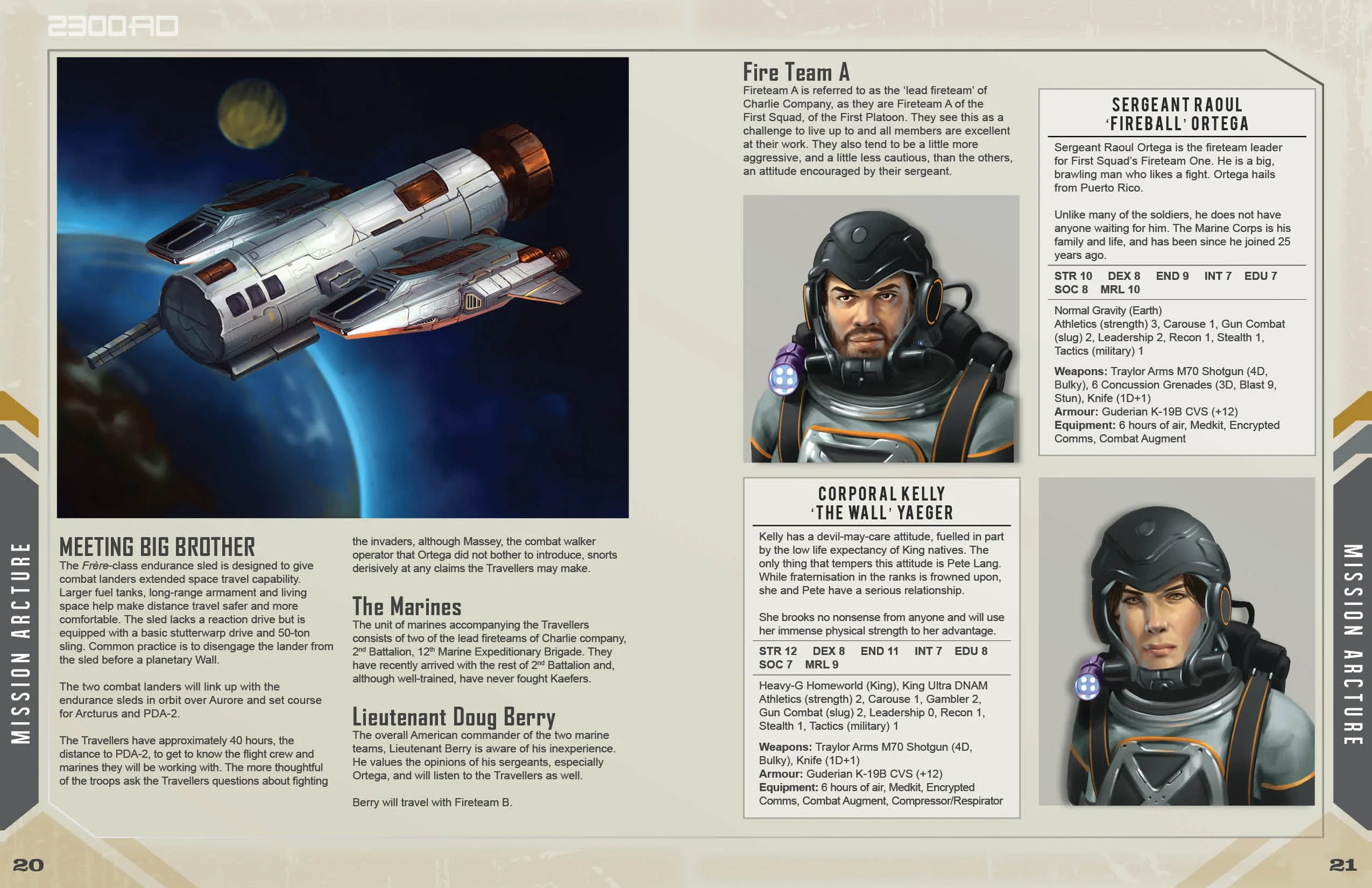 A detailed character sheet features two members of Fire Team A from the tabletop RPG 2300AD. On the left, an illustration of Sergeant Raoul 