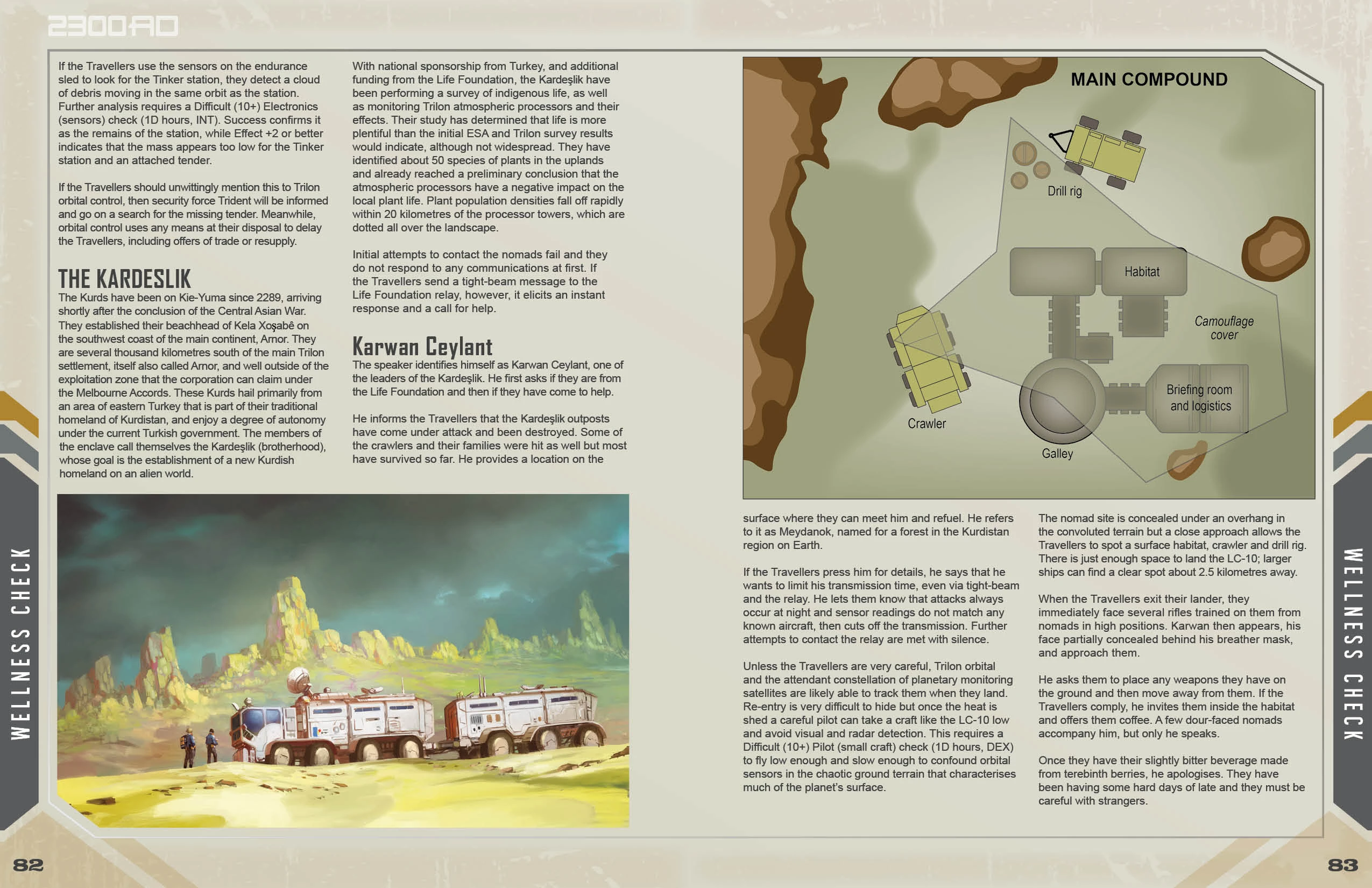 A detailed illustration depicts a research station on a distant planet, featuring a layout that includes a drill rig, habitat, crawler vehicle, and galley. The environment is characterized by rolling hills and a cloudy sky, suggesting an alien landscape. In the foreground, several vehicles are parked, hinting at the station's operational activities amidst the backdrop of interstellar exploration and potential conflict.