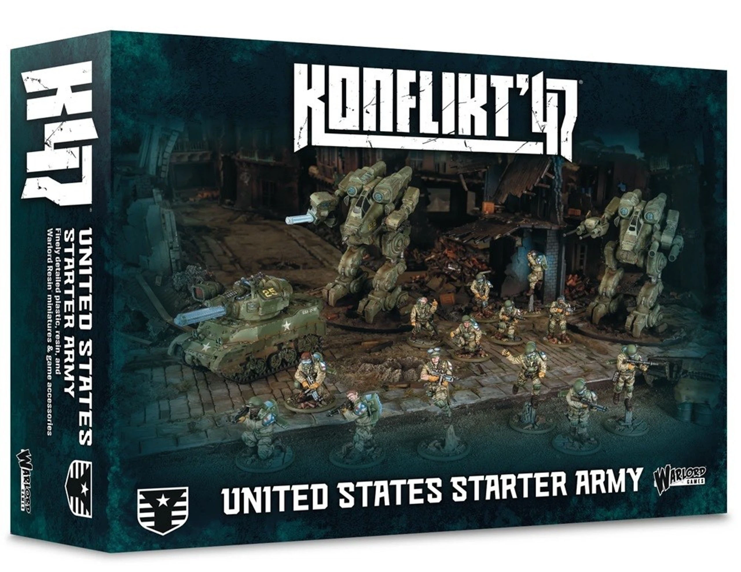 A box for the "Konflikt '47 United States Starter Army" features a dynamic scene with various miniatures and vehicles. In the foreground, several detailed figures in military attire are arranged alongside a tank and a large, mechanized walker, showcasing the game's unique blend of historical and sci-fi elements. The background depicts a war-torn environment, enhancing the thematic setting of the game.