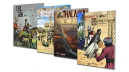 A collection of four wargaming rule booklets is displayed, showcasing their colorful covers. From left to right, the titles include "Never Mind the Matchlocks," featuring a knight and soldiers, "Valour & Fortitude," depicting a large battle scene, "Thalassa," illustrating an ancient naval battle with a ship, and "Assassins and Templars," which features characters in a historical setting. Each booklet is designed to cater to different gaming themes, from the English Civil War to Napoleonic battles and ancient naval warfare.