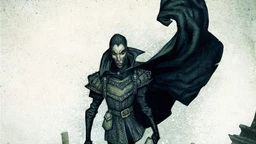 A tall, skeletal figure stands menacingly in a graveyard, wearing dark, tattered clothing and a hooded cloak. The character has a gaunt face with exaggerated features, including sharp cheekbones and a wide, sinister grin. In the background, weathered gravestones are partially obscured by mist, enhancing the eerie atmosphere of the scene.