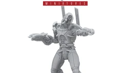 A detailed gray resin miniature from the Mass Effect universe stands on a circular black base, depicting a humanoid figure with a sleek, armored design. The figure features intricate mechanical details, including visible joints and a raised arm holding a weapon, suggesting a combat-ready stance. The Mass Effect logo is prominently displayed at the top, along with the Modiphius Entertainment branding at the bottom.
