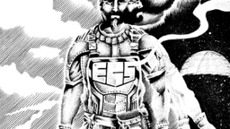 A rugged space explorer stands prominently in the foreground, wearing a detailed, futuristic suit adorned with various gadgets and tools. His expression is serious, and he holds a device in one hand, while the other reaches toward a ghostly, skeletal hand emerging from the ground. The background features a stark contrast of dark and light, with swirling clouds and a distant planet, creating an eerie atmosphere that complements the themes of horror and existential dread.