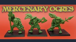 Three green ogre miniatures stand on black bases against a vibrant orange background. Each ogre has a distinct pose: the leftmost holds a staff, the center ogre wields an axe, and the rightmost brandishes a spear. They are adorned with details reminiscent of classic oldhammer styles, featuring exaggerated facial features and playful, dynamic designs. The text "MERCENARY OGRES" is prominently displayed above them in a bold, stylized font.