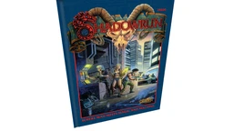A vibrant cover of the "Shadowrun: First Edition: Anniversary Reproduction" book features a dramatic illustration of a cyberpunk scene. In the foreground, three characters—a woman with a futuristic outfit and weapons, a man with cybernetic enhancements, and another character wielding a firearm—are depicted in an urban environment filled with neon lights and towering buildings. The title "SHADOWRUN" is prominently displayed at the top, accompanied by the tagline "WHERE MAN MEETS MAGIC AND MACHINE" at the bottom, all set against a blue background with intricate circuit patterns.