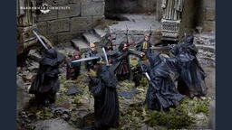 A dynamic scene depicts a confrontation between a group of cloaked figures, resembling Ringwraiths, and a diverse band of heroes from The Lord of the Rings. The heroes, including characters like Aragorn and Frodo, are positioned in a ruined stone setting, surrounded by overgrown foliage and debris. The Ringwraiths, dressed in dark, tattered cloaks, wield swords, creating a tense atmosphere as they face off against the protagonists. The intricate details of the miniatures highlight their distinct features and expressions, enhancing the narrative of this iconic moment.