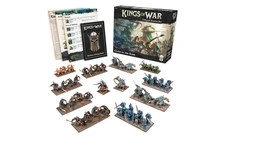 A display of the "Claws in the Sand" 2-Player Starter Set for Kings of War features a variety of miniatures and game components. The set includes two distinct armies: one with orange and brown figures, and another with blue and grey figures, arranged on bases. In the background, the box for the starter set is visible, showcasing artwork of warriors in battle, along with rulebooks and army lists laid out beside it.