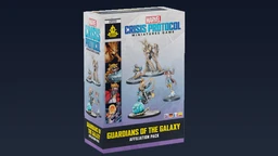 A box for the "Guardians of the Galaxy Affiliation Pack" for Marvel: Crisis Protocol features dynamic illustrations of the miniatures included, such as Star-Lord, Rocket, Groot, and Cosmic Ghost Rider. The packaging prominently displays the title "GUARDIANS OF THE GALAXY" at the bottom, with the Asmodee logo and game branding visible. The background is dark, enhancing the vibrant colors of the figures and the overall design.