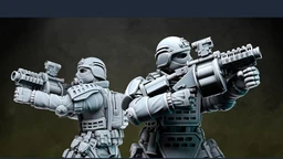 Two detailed miniatures from Anvil Industry's Special Forces range are positioned back-to-back, each holding futuristic firearms. The figures are clad in tactical armor with various pouches and equipment, showcasing a blend of sleek design and functionality. The miniatures are presented in a gray, unpainted finish, highlighting their intricate details and dynamic poses.