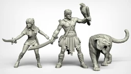 A set of three fantasy miniatures features a muscular male hero wielding a sword and holding a falcon, alongside a svelte female character brandishing a dagger. Both figures are depicted in a dynamic pose, showcasing intricate details in their clothing and accessories, reminiscent of 80s high-fantasy cinema. The miniatures are presented in a light gray color, highlighting their sculptural features.