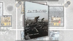 A game box for "RATTENKRIEG!" features a dramatic black-and-white image of two soldiers navigating through a war-torn landscape, emphasizing the game's focus on the Battle of Stalingrad. The title "RATTENKRIEG!" is prominently displayed in bold, white letters at the top, with the designer's name, Gottardo Zancanni, listed below. In the background, various game components, including counters and maps, are partially visible, hinting at the game's intricate mechanics and immersive experience.