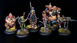 A group of eight intricately painted Moonstone miniatures stands against a black background. The characters include a muscular figure with a weapon, a green-skinned goblin in colorful attire, a knight in armor, and various other fantastical beings, each displaying unique features and vibrant colors. They are positioned on circular bases adorned with tufts of grass and small flowers, showcasing the detailed artistry of the miniatures.