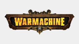 The image features the logo for "Warmachine," prominently displayed with bold, fiery orange letters against a textured black and gold background. Above the text, there are mechanical elements, including pipes and gears, adding to the industrial theme of the Iron Kingdoms. The overall design conveys a sense of power and excitement, fitting for a tabletop gaming experience.
