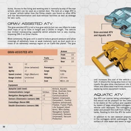 Two page spread detailing a Grav-Assisted ATV complete with game stats and images