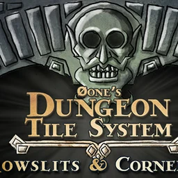 Dungeon Tile System - Arrowslits & Cornerstones logo showing a skull as the keystone in a dwarven stone archway.