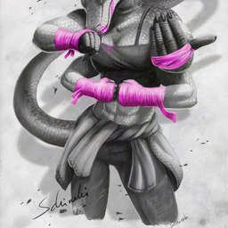 A komodo dragoness boxer with four arms looks fierce at the viewer. The image is in greyscale with pink accents.
