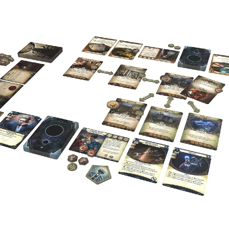 A tabletop setup for Arkham Horror: The Card Game features a variety of cards and tokens spread across a flat surface. Central to the scene is a large, dark card representing a portal or mystery, surrounded by various investigator cards, scenario cards, and tokens indicating resources or actions. The layout includes a mix of character illustrations and thematic artwork, creating an immersive atmosphere for gameplay.
