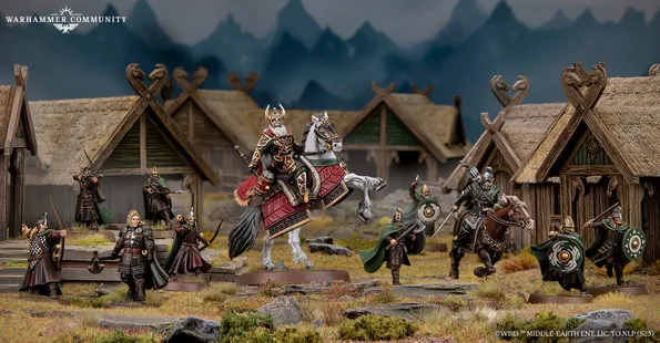 A detailed scene features Helm Hammerhand, King of Rohan, depicted both mounted on an armoured horse and on foot, alongside several Rohirrim warriors. The figures are intricately painted, showcasing vibrant colors and detailed armor, set against a backdrop of rustic wooden structures resembling Rohan architecture. The environment includes rocky terrain and hints of mountainous scenery, enhancing the thematic setting of the Middle-earth Strategy Battle Game.