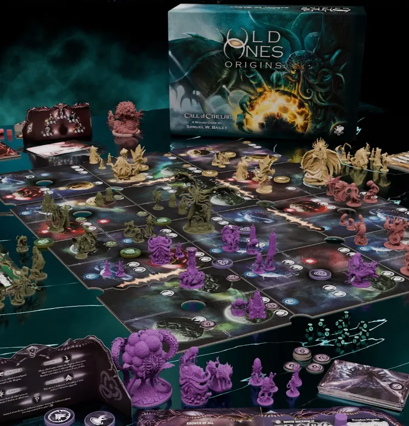 Board game with purple and beige miniatures, cards, and a box labeled "Call of Cthulhu Old Ones Origins".