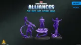 Three purple F.A.S.T. miniatures from the Marvel: Crisis Protocol Alliances game titled "The Once and Future Kang" are displayed against a dark background. On the left, a character wields a large weapon, while the central figure stands confidently on a circular platform. The rightmost figure appears to be casting a spell or using technology, showcasing dynamic poses that highlight their unique designs. The title of the game is prominently featured above the miniatures.