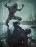 Statue splashing water on a person in a "POLICE" jacket by a river.