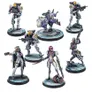 A collection of seven miniatures from the Infinity miniatures game, featuring characters from the Nomads and ALEPH factions. The miniatures are intricately designed, showcasing a cyberpunk aesthetic with vibrant colors, primarily purples and metallics. The figures include a mix of humanoid characters and a robotic companion, each posed dynamically to reflect their unique roles in gameplay.