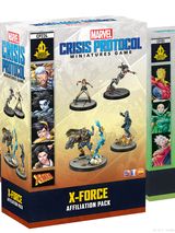 Three boxes of the "Marvel Crisis Protocol Miniatures Game" are displayed. The central box features the "X-Force Affiliation Pack," showcasing miniatures of characters like Cable and Domino, with vibrant colors and dynamic poses. The other two boxes on either side include "Adam Warlock & Moondragon" and "X-23," each adorned with artwork of their respective characters and game branding.