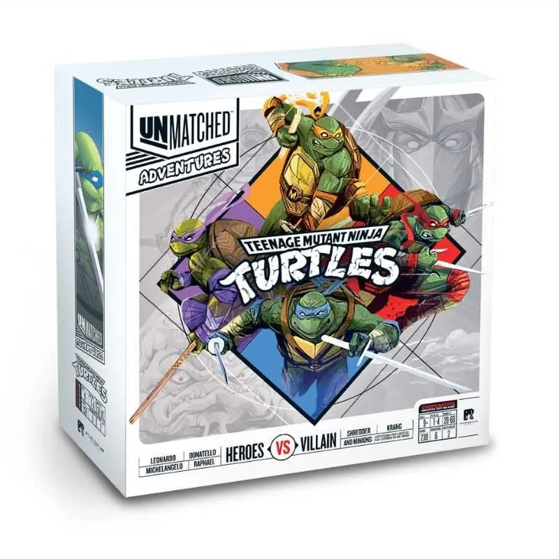 The box for "Unmatched Adventures - Teenage Mutant Ninja Turtles" features vibrant artwork of the four Ninja Turtles—Leonardo, Michelangelo, Donatello, and Raphael—each in dynamic poses, showcasing their distinct colors and weapons. The title "TEENAGE MUTANT NINJA TURTLES" is prominently displayed in bold, stylized lettering, with a contrasting background that highlights the characters. The box also includes labels indicating "Heroes vs Villain" and mentions the adversaries, Shredder and Krang, along with game details at the bottom.