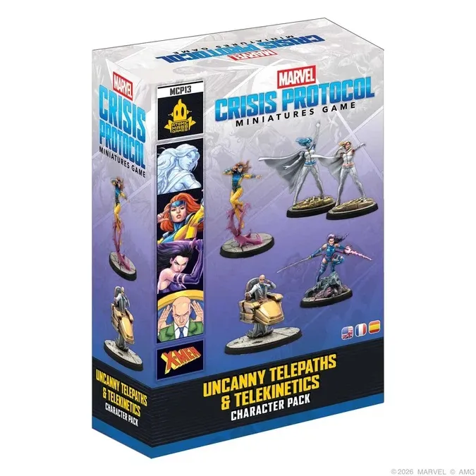 Marvel Crisis Protocol Miniatures Game box with Uncanny Telepaths & Telekinetics Character Pack text and 5 miniatures.